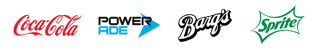 Logos of Coca Cola, Powerade, Barqs root beer, and Sprite.