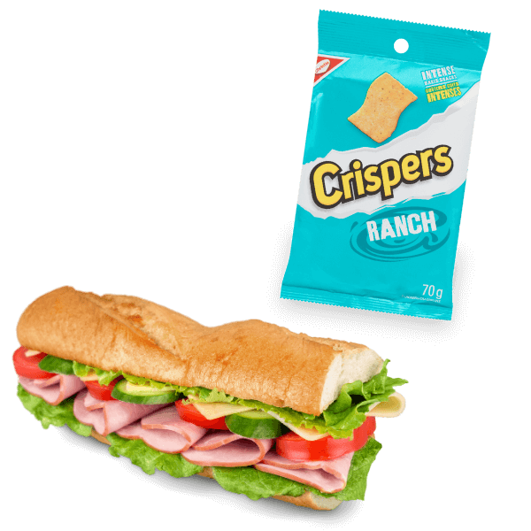 Sub type sandwich beside a bag of Crispers Ranch chips.