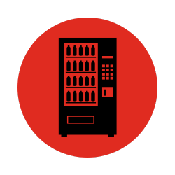 Black vending machine icon in a red circle.