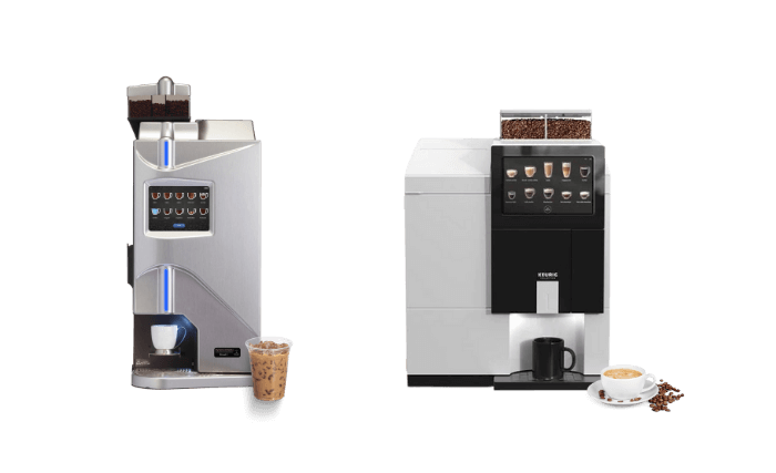 Cafection Total 1 coffee machine and Keurig VKI Eccellenza Touch coffee machine displayed against a clean background, each with brewed drinks placed in front to show drink variety.